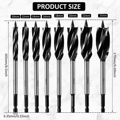 Hex Shank Wood Twist Drill Set – 8 Pcs, 4 Flute, 10–25mm Range