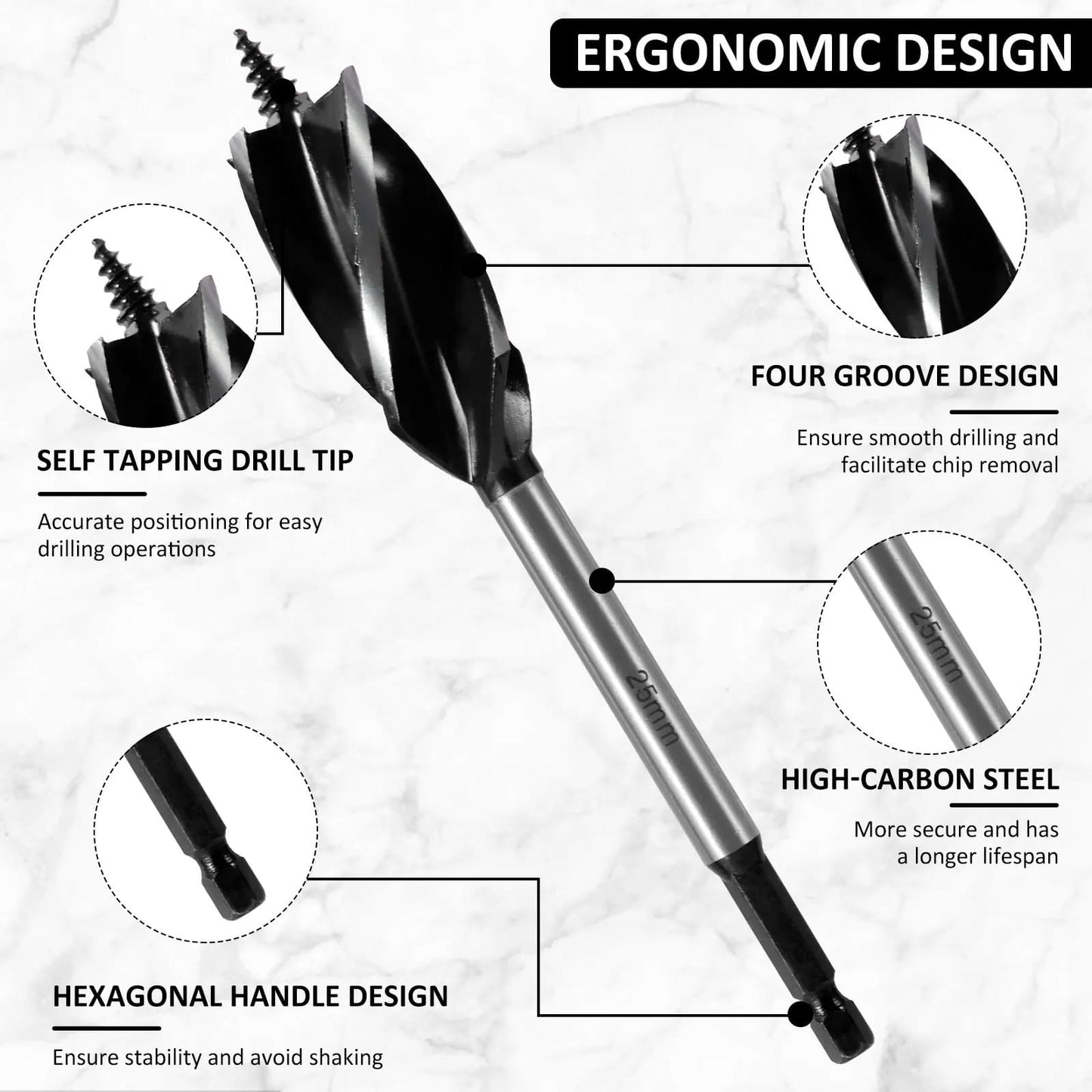 Hex Shank Wood Twist Drill Set – 8 Pcs, 4 Flute, 10–25mm Range