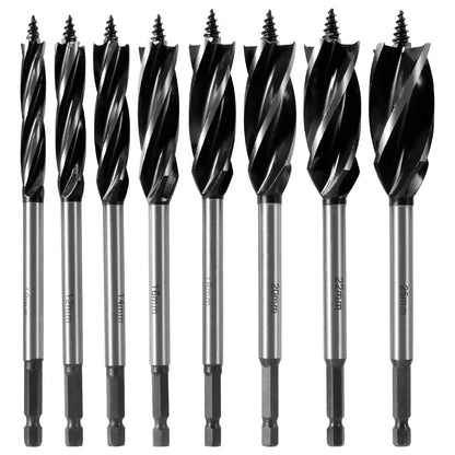 Hex Shank Wood Twist Drill Set – 8 Pcs, 4 Flute, 10–25mm Range