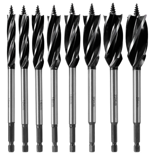 Hex Shank Wood Twist Drill Set – 8 Pcs, 4 Flute, 10–25mm Range